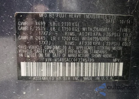 2015 Subaru Outback 2.5I Premium from USA, damaged, VIN 4S4BSACC0F3245799